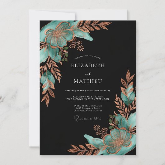Teal Copper Botanical Bloom Wedding Kaart (Voorkant)
