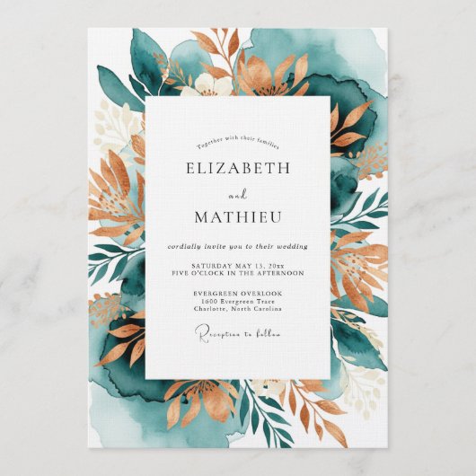 Teal Copper Botanical Romance Wedding Kaart (Voorkant)