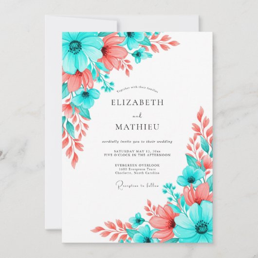 Teal Coral Artistic Bloom Wedding Kaart (Voorkant)