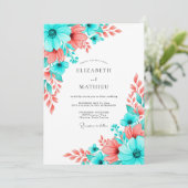 Teal Coral Artistic Bloom Wedding Kaart (Staand voorkant)