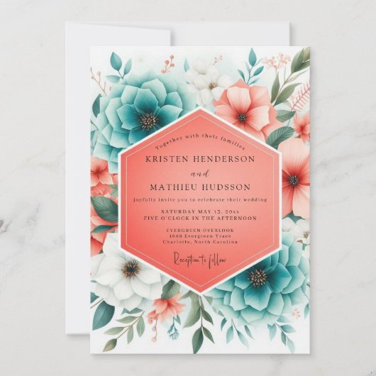 Teal Coral Bloom Romance Wedding Kaart (Voorkant)