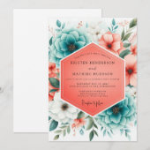 Teal Coral Bloom Romance Wedding Kaart (Voorkant / Achterkant)