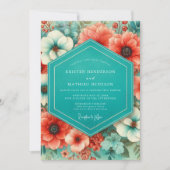 Teal Coral Bloom Romance Wedding Kaart (Voorkant)