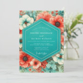 Teal Coral Bloom Romance Wedding Kaart (Staand voorkant)