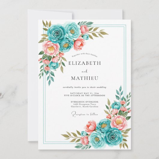 Teal Coral Bloom Romance Wedding Kaart (Voorkant)