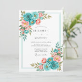Teal Coral Bloom Romance Wedding Kaart (Staand voorkant)