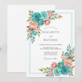 Teal Coral Bloom Romance Wedding Kaart (Voorkant / Achterkant)