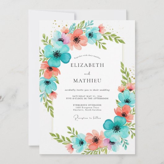 Teal Coral Blooming Romance Wedding Kaart (Voorkant)