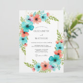 Teal Coral Blooming Romance Wedding Kaart (Staand voorkant)