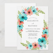 Teal Coral Blooming Romance Wedding Kaart (Voorkant / Achterkant)