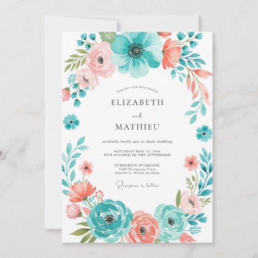 Teal Coral Botanical Bloom Wedding Kaart (Voorkant)