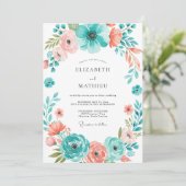 Teal Coral Botanical Bloom Wedding Kaart (Staand voorkant)