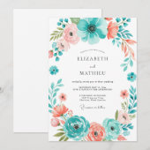 Teal Coral Botanical Bloom Wedding Kaart (Voorkant / Achterkant)