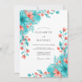 Teal Coral Botanical Romance Wedding Kaart (Voorkant)