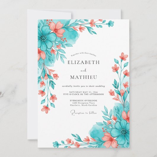 Teal Coral Botanical Romance Wedding Kaart (Voorkant)