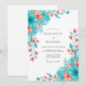 Teal Coral Botanical Romance Wedding Kaart (Voorkant / Achterkant)