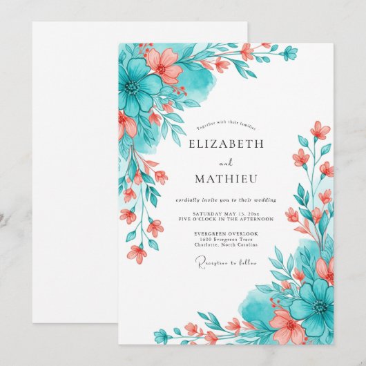 Teal Coral Botanical Romance Wedding Kaart (Voorkant / Achterkant)