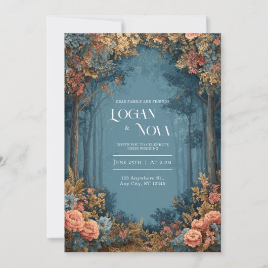 Teal Coral Floral Bohemian Forest Wedding Kaart (Voorkant)
