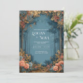 Teal Coral Floral Bohemian Forest Wedding Kaart (Staand voorkant)