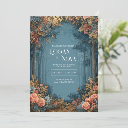 Teal Coral Floral Bohemian Forest Wedding Kaart (Staand voorkant)