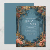 Teal Coral Floral Bohemian Forest Wedding Kaart (Voorkant / Achterkant)