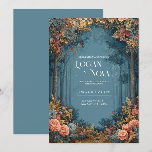 Teal Coral Floral Bohemian Forest Wedding Kaart (Voorkant / Achterkant)