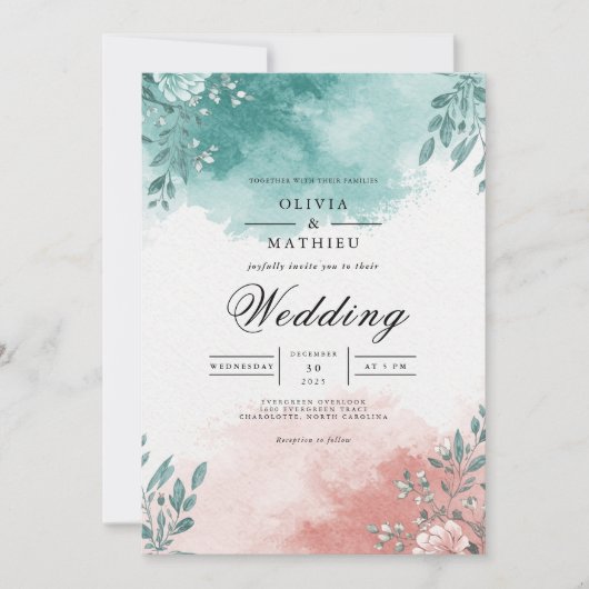 Teal Coral Floral Splash Wedding Kaart (Voorkant)