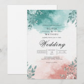 Teal Coral Floral Splash Wedding Kaart (Voorkant / Achterkant)
