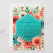 Teal Coral Floral Whimsy Wedding Kaart (Voorkant)