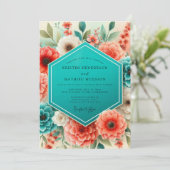 Teal Coral Floral Whimsy Wedding Kaart (Staand voorkant)