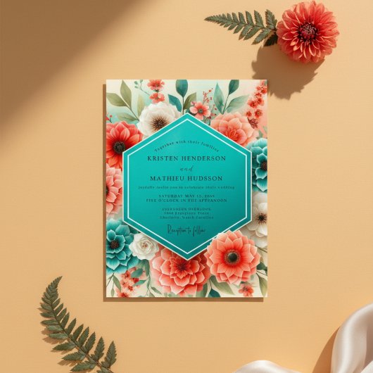 Teal Coral Floral Whimsy Wedding Kaart