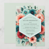 Teal Coral Flourish Wedding Kaart (Voorkant / Achterkant)
