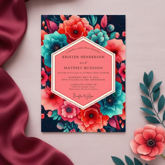 Teal Coral Lush Bloom Wedding Kaart