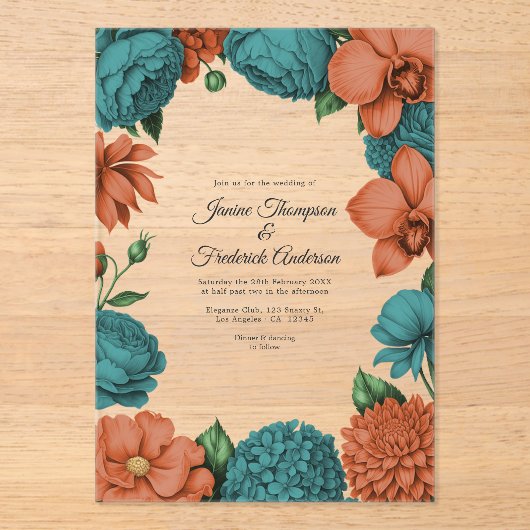 Teal & Coral Modern Botanical Wedding Acryl Uitnodigingen (Voorkant)