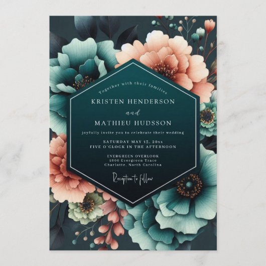 Teal Coral Moody Bloom Wedding Kaart (Voorkant)