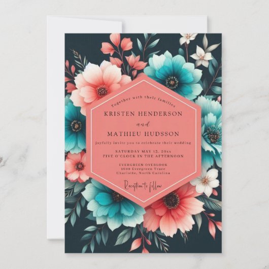 Teal Coral Painterly Bloom Wedding Kaart (Voorkant)