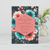 Teal Coral Painterly Bloom Wedding Kaart (Staand voorkant)