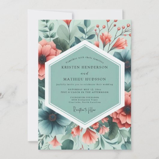 Teal Coral Painterly Flora Wedding Kaart (Voorkant)