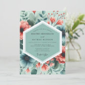 Teal Coral Painterly Flora Wedding Kaart (Staand voorkant)