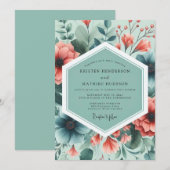 Teal Coral Painterly Flora Wedding Kaart (Voorkant / Achterkant)