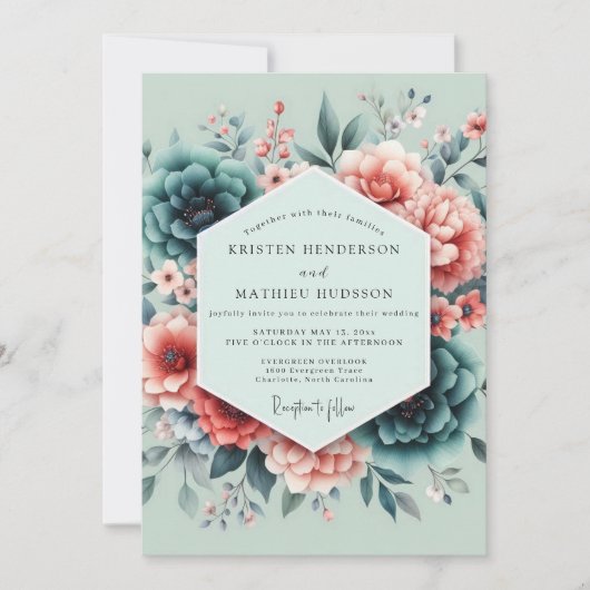 Teal Coral Painterly Wedding Kaart (Voorkant)
