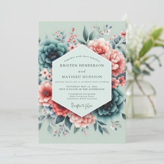 Teal Coral Painterly Wedding Kaart (Staand voorkant)