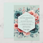 Teal Coral Painterly Wedding Kaart (Voorkant / Achterkant)