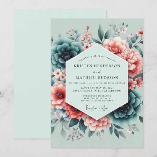 Teal Coral Painterly Wedding Kaart (Voorkant / Achterkant)