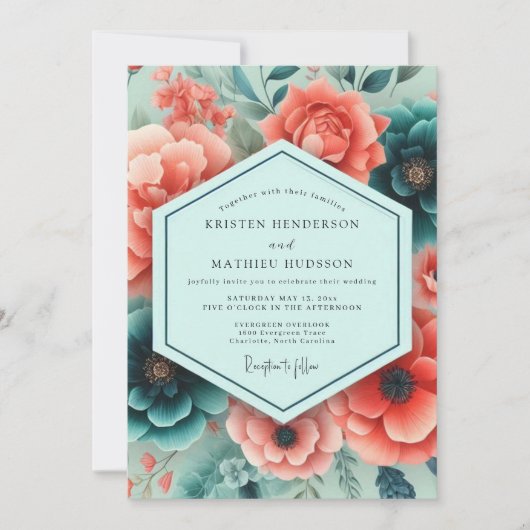 Teal Coral Rich Botanical Wedding Kaart (Voorkant)