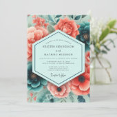 Teal Coral Rich Botanical Wedding Kaart (Staand voorkant)