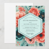 Teal Coral Rich Botanical Wedding Kaart (Voorkant / Achterkant)