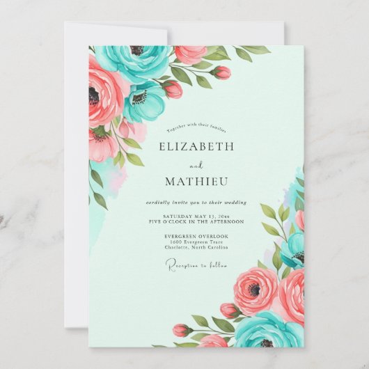 Teal Coral Vibrant Spring Wedding Kaart (Voorkant)