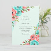 Teal Coral Vibrant Spring Wedding Kaart (Staand voorkant)