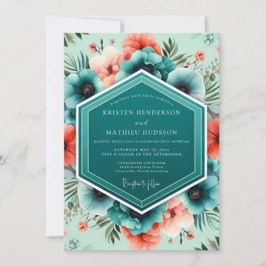 Teal Coral Vivid Botanical Wedding Kaart (Voorkant)